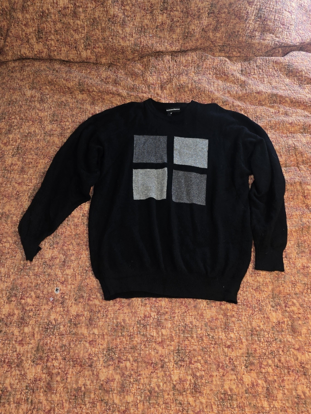 Neiman Marcus Black Crewneck Sweater with Gray Windowpane Squares